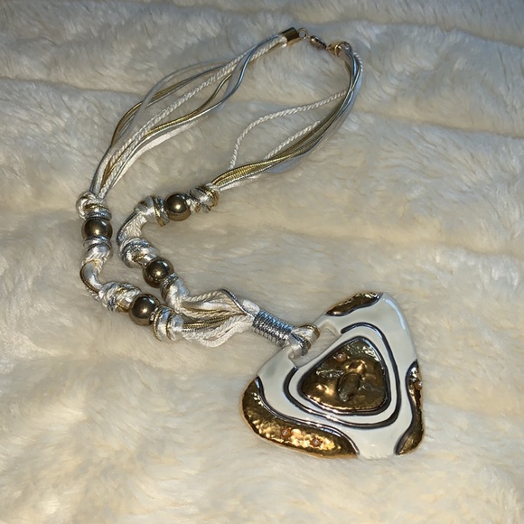 Vtg 80s necklace Artisan metallic gold pottery sculpture pendant choker - Picture 1 of 10